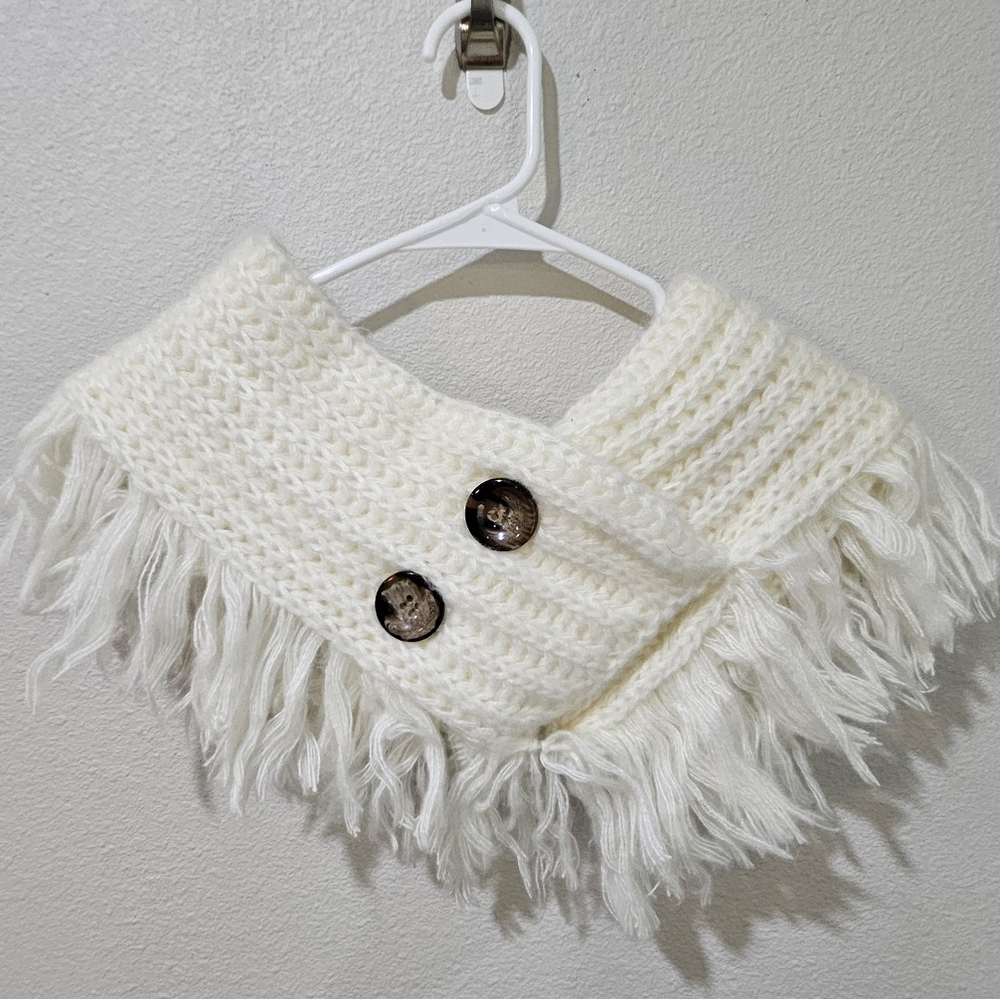 Button Accent Knitted Fringe Infinity Scarf White